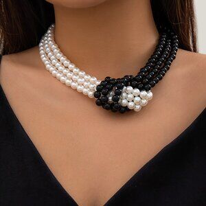 Elegant Black and White Necklace with Beaded Strands